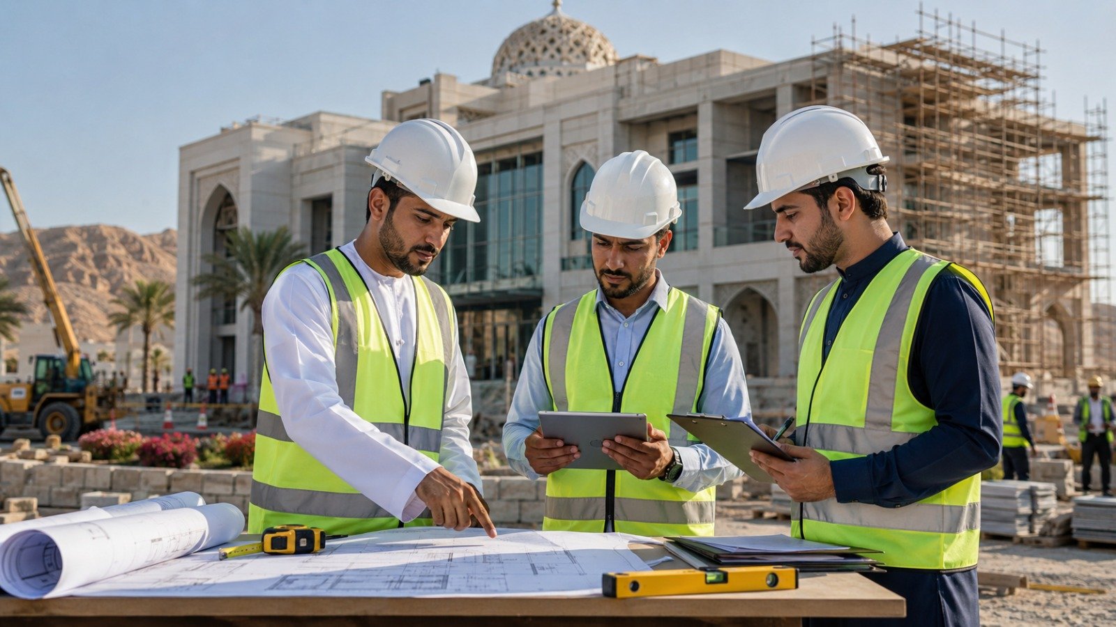 Project management team reviewing plans on site